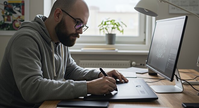 Focused designer meticulously crafts digital artwork using a stylus and graphics tablet, immersed in his creative process at a home office.