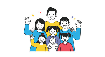 A cheerful family gathering together waving hello with joy and happiness