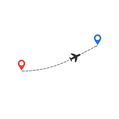 airplane traveling from one point to another point with location gps pins