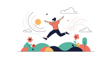 Obraz premium Energetic person leaping joyfully through a vibrant spring landscape under a sunny sky with gentle breezes