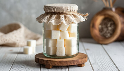 lump sugar in a vintage glass jar with lace on a wooden stand