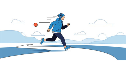 Fototapeta premium Active person running outdoors enjoying the fresh air on a bright day with a blue jacket and headphones