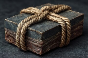 Elegant dark brown soap with twine on dark surface  
