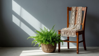 Vintage wooden chair with lace cape against a gray minimalist wall with light