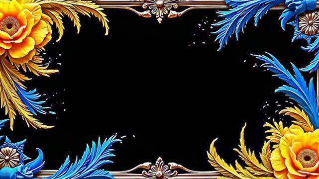 Delicately poised, a Classic ornamental Border Frame in vintage art deco showcases intricate scrollwork, while vibrant strokes of canary yellow and cobalt blue swirl energetically around it,