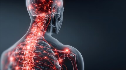Human body with glowing red pain points on neural pathways illustrating pain or nerve stimulation,