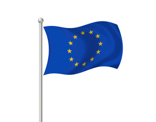 Waving European Union flag with golden stars on blue fabric isolated on white background