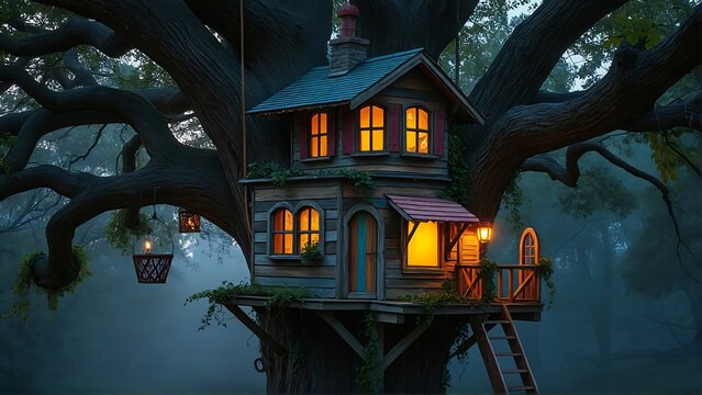 Enchanting wooden treehouse nestled within a large ancient tree at twilight - Powered by Adobe