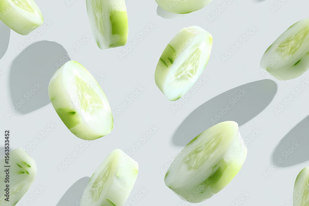 Poster floating cucumber slices in minimal composition, fresh green vegetable pieces casting soft shadows o