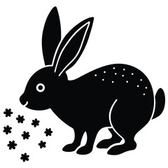 Stylized black rabbit silhouette eating small flowers on a white background