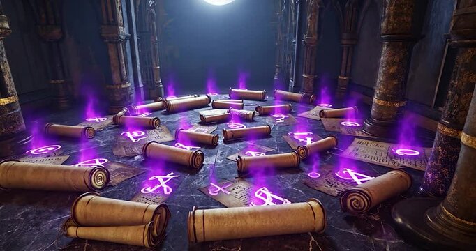 Ancient scrolls illuminated by violet flames in a gothic chamber