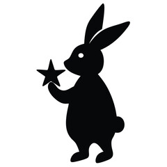 Obraz premium Cute black silhouette of a rabbit holding a star against a white background