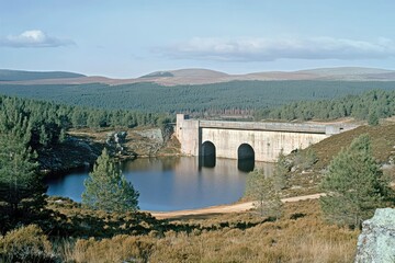 Fototapeta premium Serene Landscape with Dam and Lake in Rolling Mountain Terrain