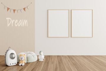 Two Vertical Frame Mockups in Minimal Kids Playroom with Plush Toys