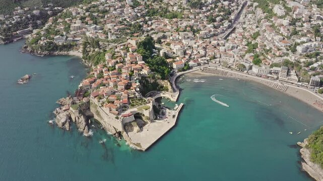 Aerial view of Sveti Stefan peninsula, Montenegro.