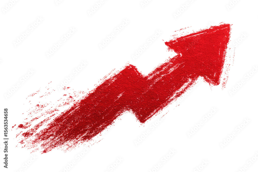 Poster rough red arrow pointing upward with textured brush strokes on transparent background