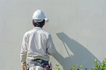 壁に向き合い塗装を続ける作業員と影のコントラスト
