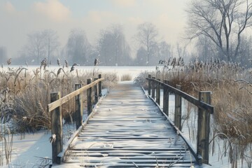 Wooden bridge covered with snow over a river stream. Neural network ai generated