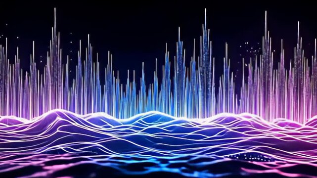 Digital glitch Border Frame pulsing in wave patterns emerges gracefully from the depths of a vibrant ocean of cascading, iridescent light trails, each pulse synchronized to a rhythm of soft