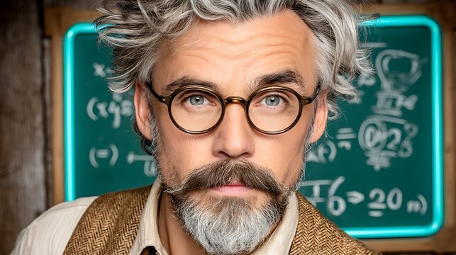 A wise old professor with a thoughtful expression and a distinctive beard and glasses posing in front of a blackboard filled with equations demonstrating his scientific knowledge and expertise - Powered by Adobe