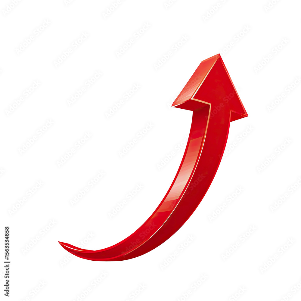 Poster shiny red arrow pointing upwards with a curve on transparent background