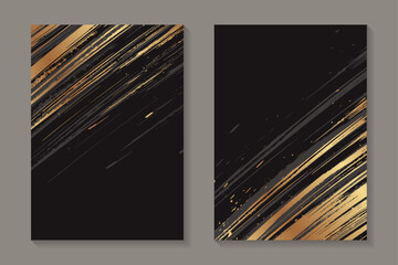 Golden paint strokes on a black background. Grunge luxury wedding invitation design or card templates for business or poster or greeting.
