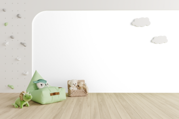 Transparent Background PNG Kids Room with Climbing Wall, Bean Bag, and Toys – Play Space Interior Mockup