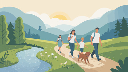 Family with children and dog hiking in scenic nature trail with mountains, river, and sunrise, symbolizing outdoor bonding and adventure