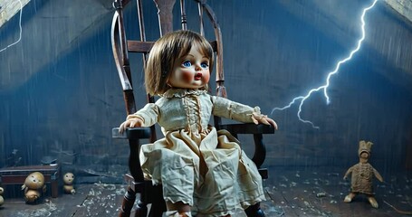 A vintage-style porcelain doll sits in a wooden rocking chair in a dimly lit attic.  A storm rages outside, with a lightning bolt visible in the background. - Powered by Adobe
