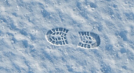 Detailed boot print in fresh textured white and blue snow with scattered ice crystals under sunlight
