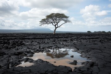 Solitary Tree on Black Lava Landscape with Reflective Water Pool
