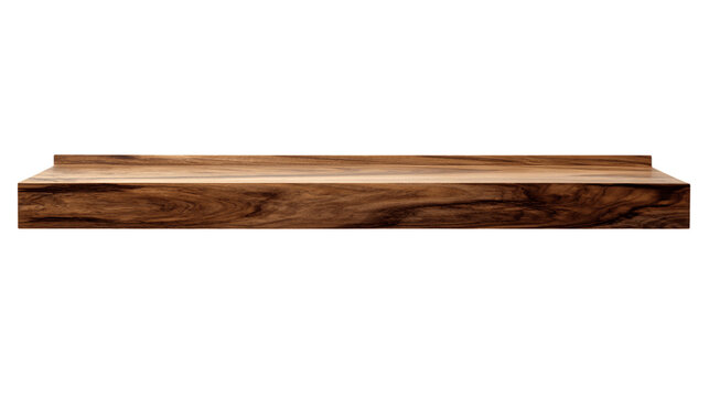 A floating wood shelf with hidden mounts, white background --ar 16:9