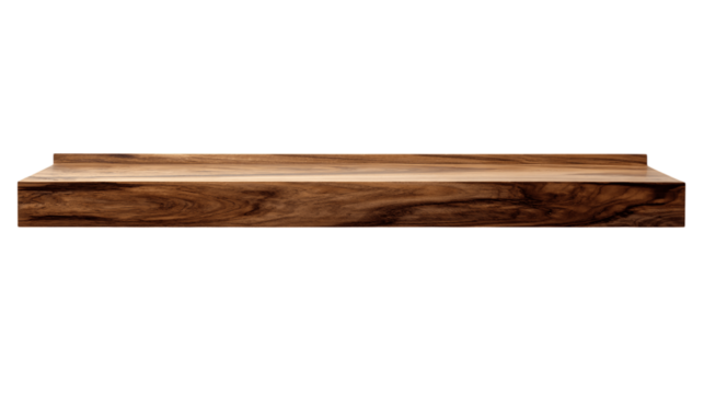 A floating wood shelf with hidden mounts, white background --ar 16:9