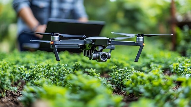 Drone surveying crops in field, farmer with laptop monitors