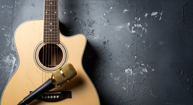 Acoustic Guitar & Vintage Gold Microphone on Distressed Concrete - Music Creation & Recording Setup