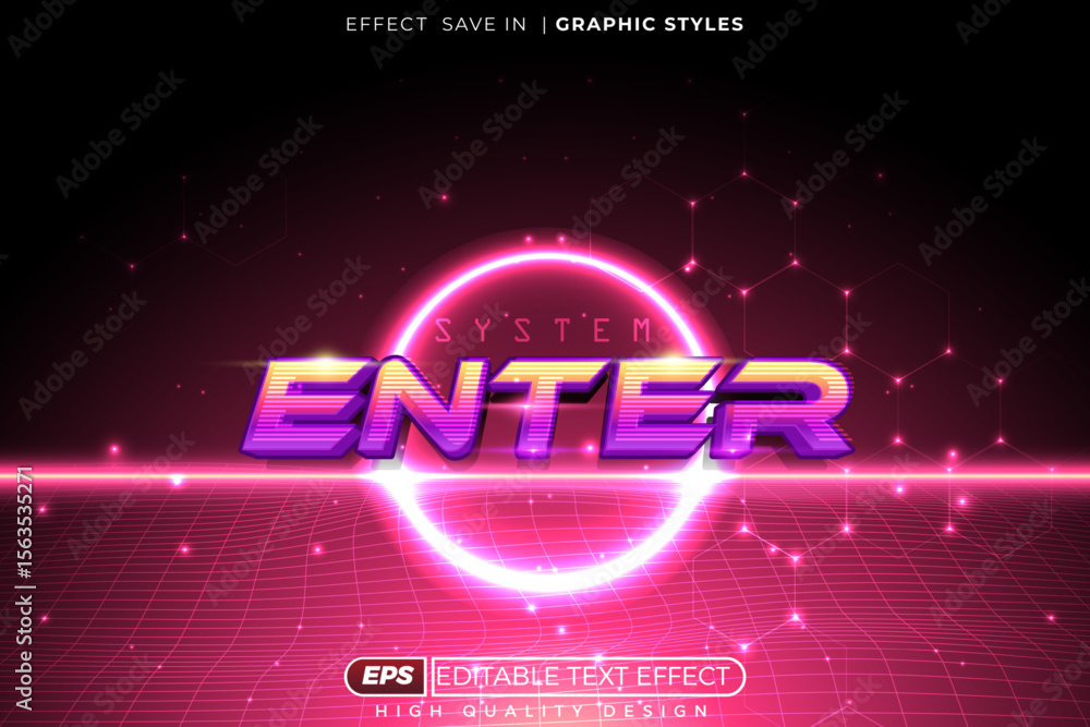 Poster editable 3d vector text effect system enter with neon style template