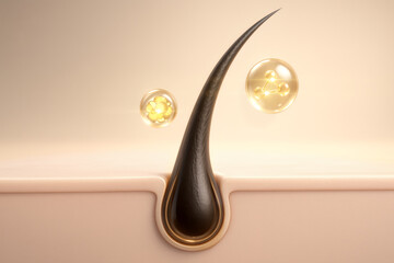 A luxurious 3D close-up illustration of a healthy black hair strand emerging from a nourished follicle with golden serum molecules, representing advanced scalp care, hydration, and revitalization.