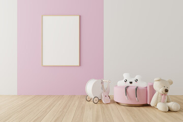 Vertical Frame Mockup in Pink Girls Room with Cute Toys and Guitars