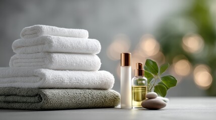 Stack of towels and spa items with bokeh background for relaxation themes