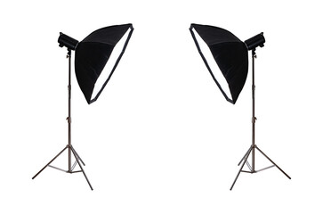 Studio flash with softbox on stainless steel tripod isolated.