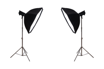 Studio flash with softbox on stainless steel tripod isolated.