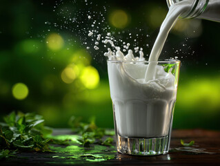 Fresh Milk is Pouring Into Glass with Splashes on a Green Rural Nature Background with sunlight bokeh
