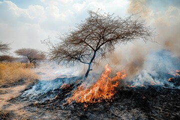 Wildfire Burning Through Grassland with Tree and Smoke Rising