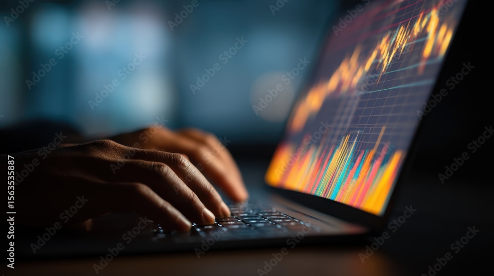 Poster hands typing on a laptop with data graphs on the screen