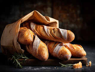 Freshly Baked Baguettes in a Paper Bag Against a Dark Background, view is from the top