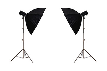 Studio flash with softbox on stainless steel tripod isolated.