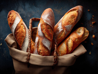 Freshly Baked Baguettes in a Paper Bag Against a Dark Background, view is from the top
