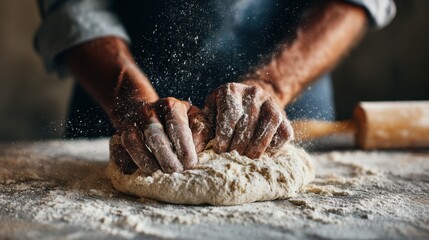 Hands kneading dough on a floured surface in a kitchen setting