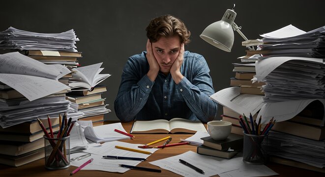 Overwhelmed Student Struggles with a Mountain of Papers and Books