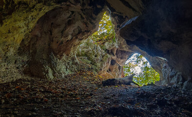 View from inside the Sólyom-kút cave, showing the rugged limestone walls and opening to the forest beyond. A site of both natural beauty and archaeological significance.